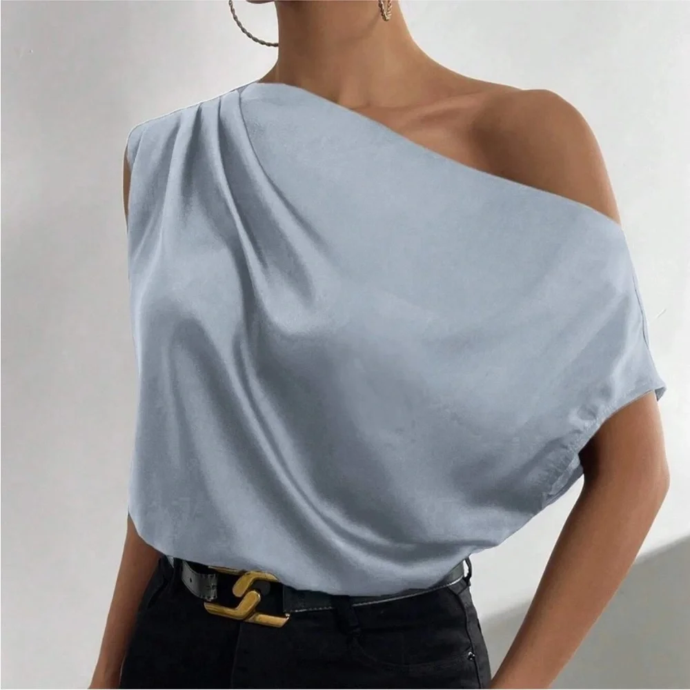 Light Blue Satin Draped Asymmetrical Blouse Top - Picture 5 of 9